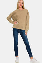 Zenana Camel Washed Round Neck Dropped Shoulder Sweatshirt Shirts & Tops