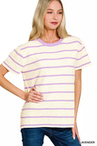 Zenana Lavender Textured Striped Crew Neck T-Shirt LAVENDER