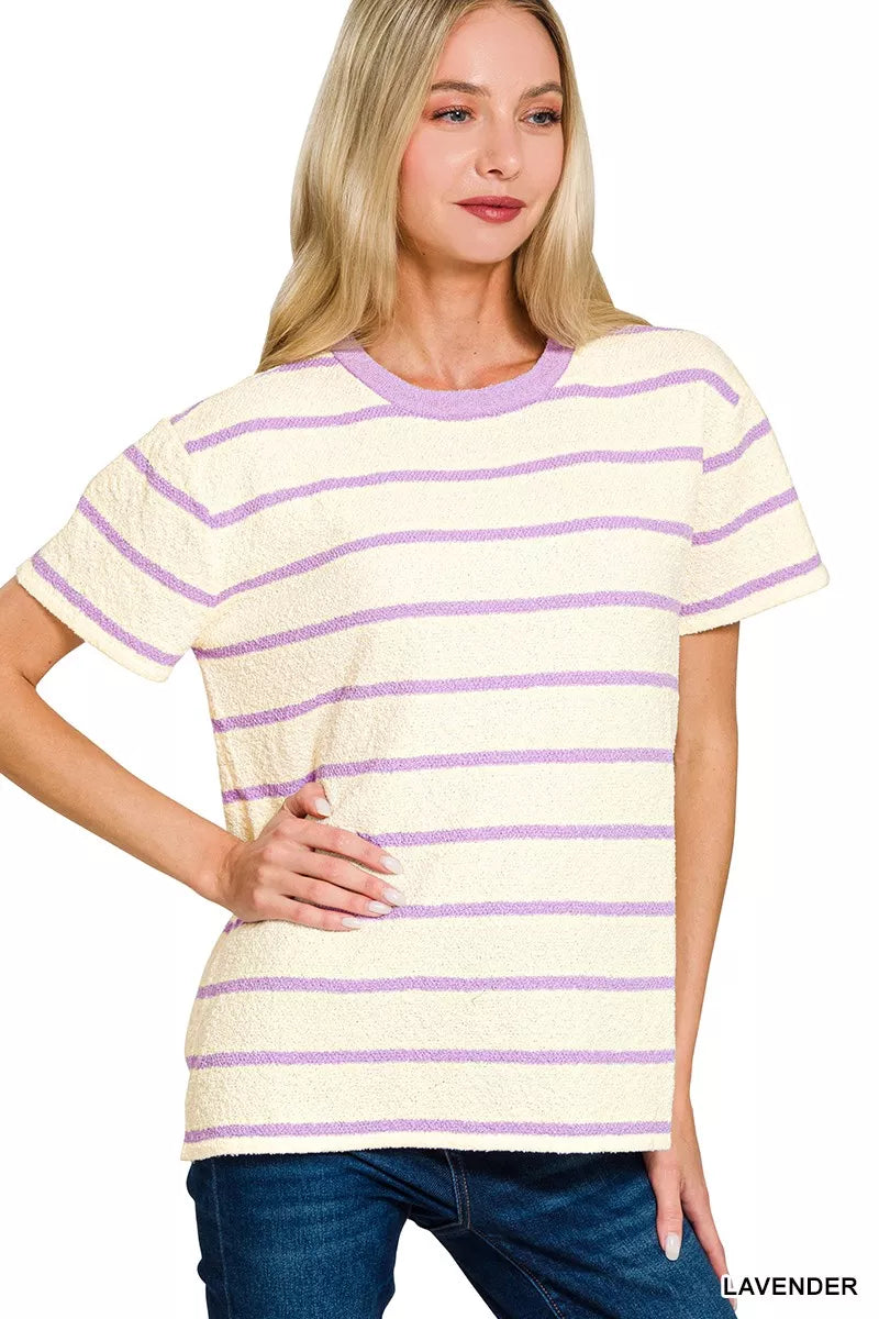 Zenana Lavender Textured Striped Crew Neck T-Shirt LAVENDER