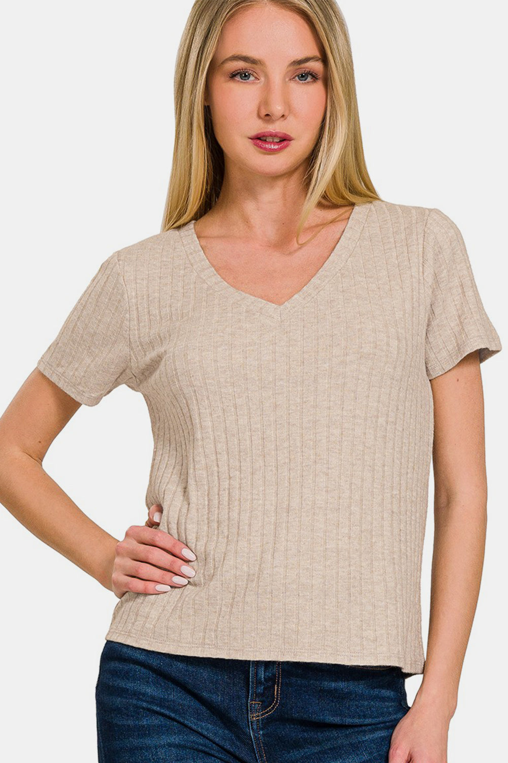 Zenana Ribbed Short Sleeve T-Shirt Ash Mocha Trendsi