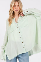 SAGE + FIG Cardiff Mint Oversized Frayed Hem Side Slit Button Down Shirt