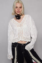 POL Long Sleeve Cropped Crochet Top with Floral Embroidery Detail White One Size