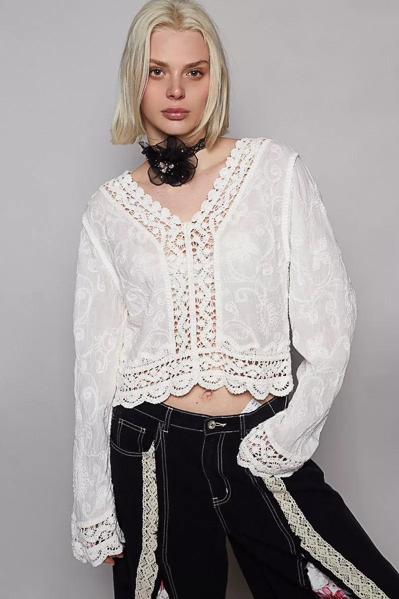 POL Long Sleeve Cropped Crochet Top with Floral Embroidery Detail White One Size