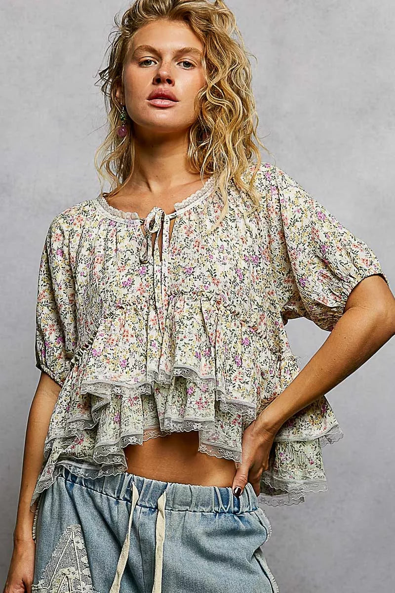 POL Floral Short Balloon Sleeve Ruffled Blouse