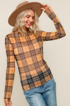 Haptics Butterscotch High Neck Plaid Mesh Semi-Sheer Top