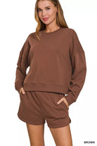 Zenana Brown Fleece Long Sleeve Sweatshirts and Shorts Set BROWN