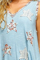 POL Powder Blue Washed Ribbed V-Neck Tank with Floral Print Star Patch