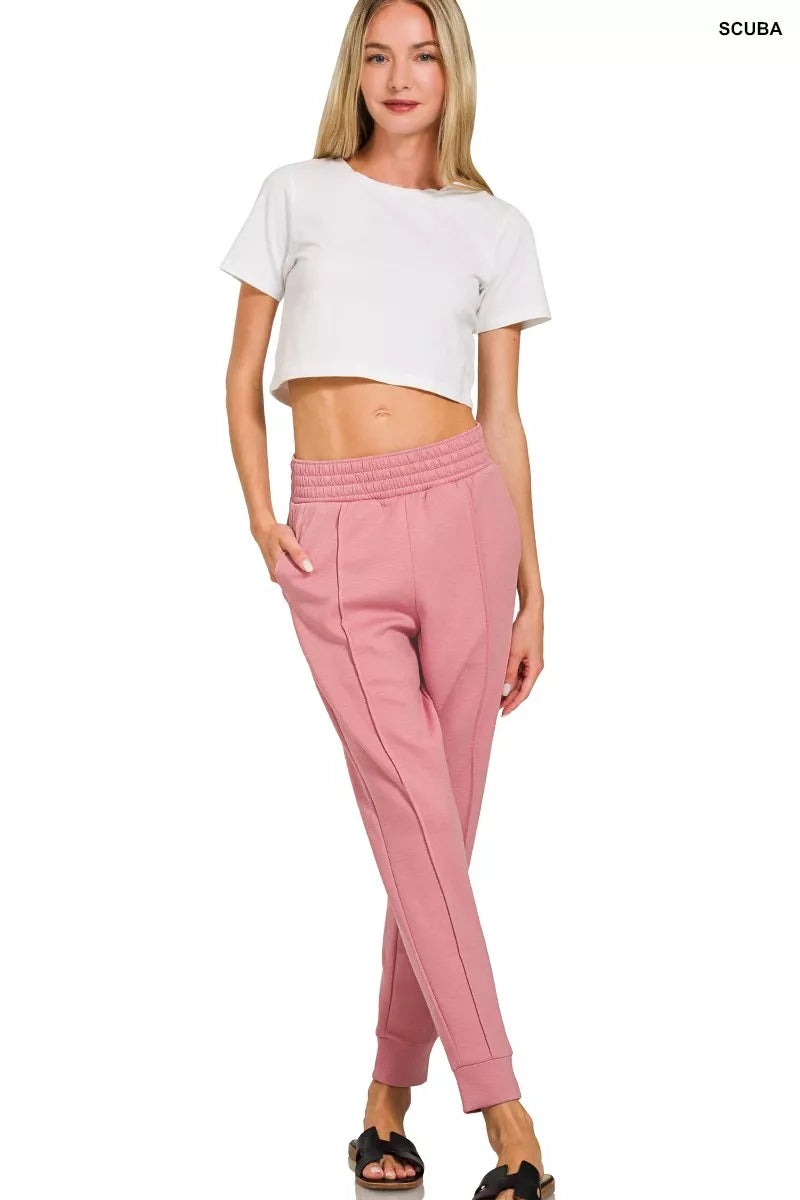 Zenana Light Rose Scuba Half Zip Pullover and Jogger Set