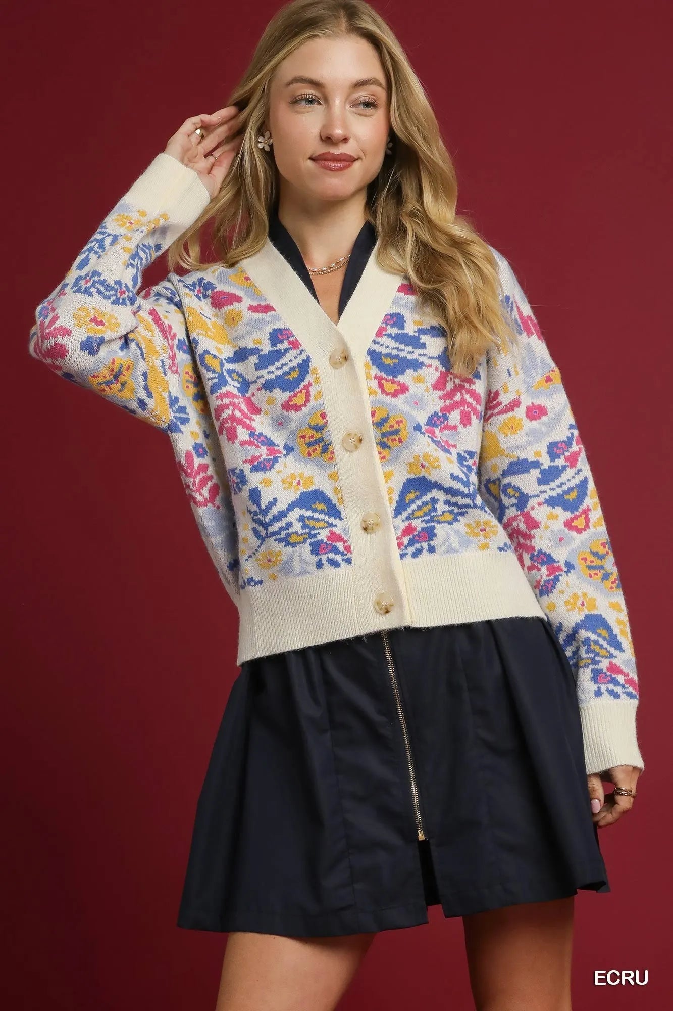 Umgee Ecru Floral Button-Up V-Neck Cardigan