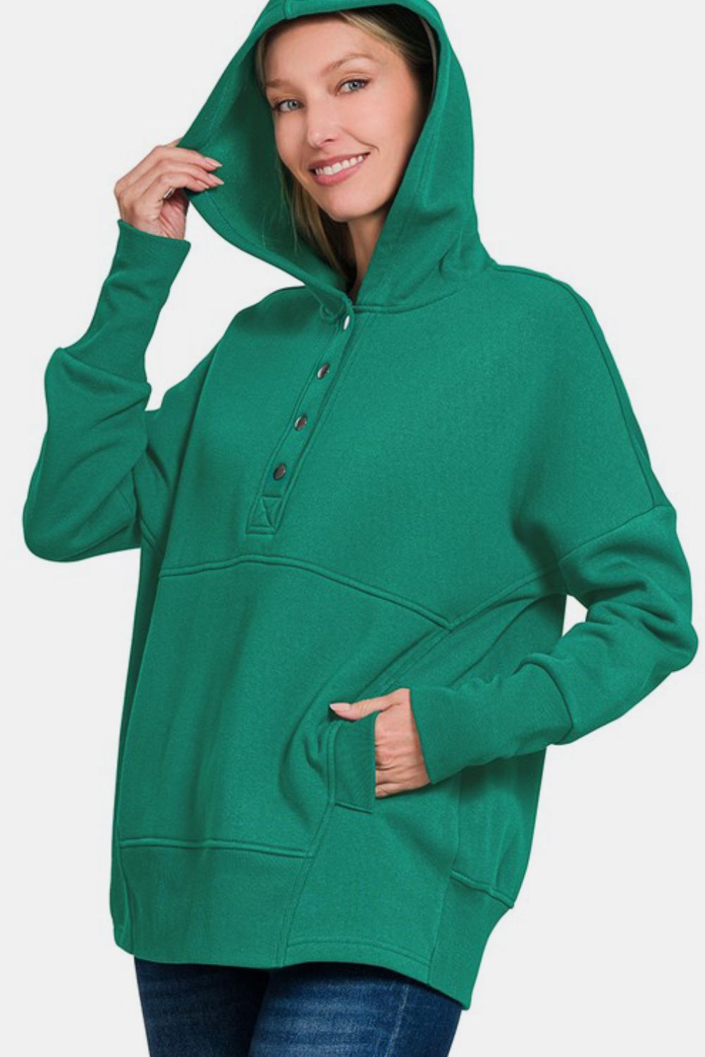 Zenana Dark Green Half Snap Long Sleeve Hoodie with Kangaroo Pocket Shirts & Tops