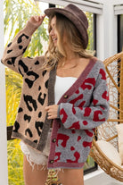 BiBi Taupe & Gray Leopard Color Block Button Down Sweater Cardigan TAUPE GREY MULTI