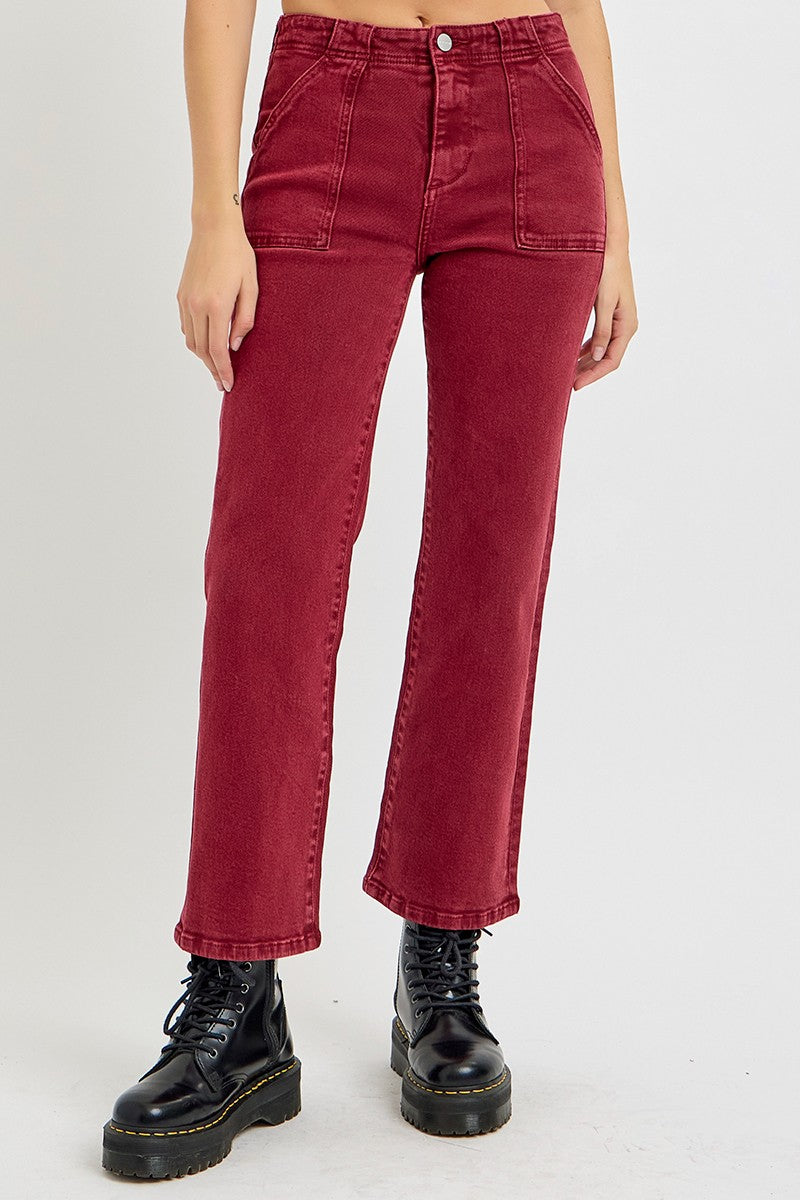 RISEN High Rise Straight Jeans with Patch Pockets in Wine Trendsi