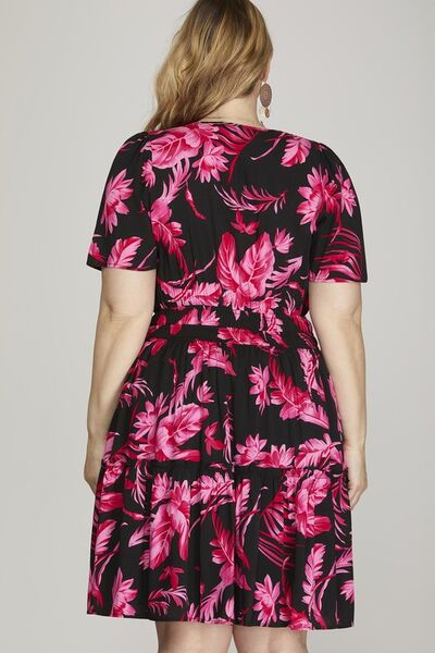 She + Sky Black & Fuchsia Printed Notched Short Sleeve Frill Tiered Dress