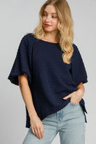 Umgee Dark Navy Boxy Cut Jacquard Round Neck Top with Side Slit Dark Navy