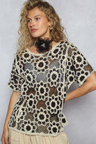 POL Black & Beige Openwork Short Sleeve Crochet Knit Top with Weave Knit Patterns