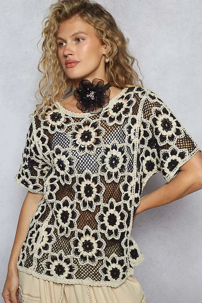 POL Black & Beige Openwork Short Sleeve Crochet Knit Top with Weave Knit Patterns
