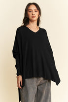 Davi & Dani Black Ribbed High-Low Side Slit Batwing Sleeve Top