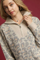 Umgee Stone Leopard Print Quarter-Zip Knit Sweater