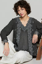 POL Floral Embroidery Woven Top with Lace Trim