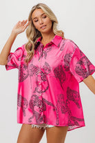 BiBi Fuchsia Leopard Print Short Sleeve Silky Satin Shirt Blouse