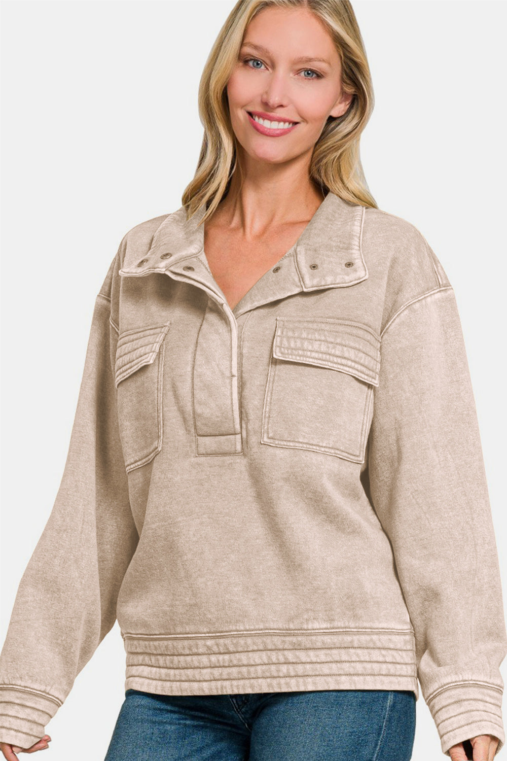 Zenana Ash Mocha Acid Washed Half Snap Fleece Sweatshirt