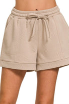 Zenana Ash Mocha Textured Knit Jacquard Drawstring Shorts ASH MOCHA