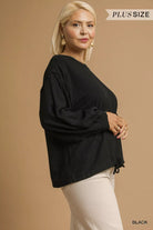 Umgee Black Linen Long Sleeve Top with Drawstring