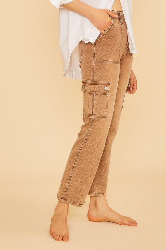 Annie Wear Camel Washed Straight Leg Stretch Jeans with Cargo Pockets