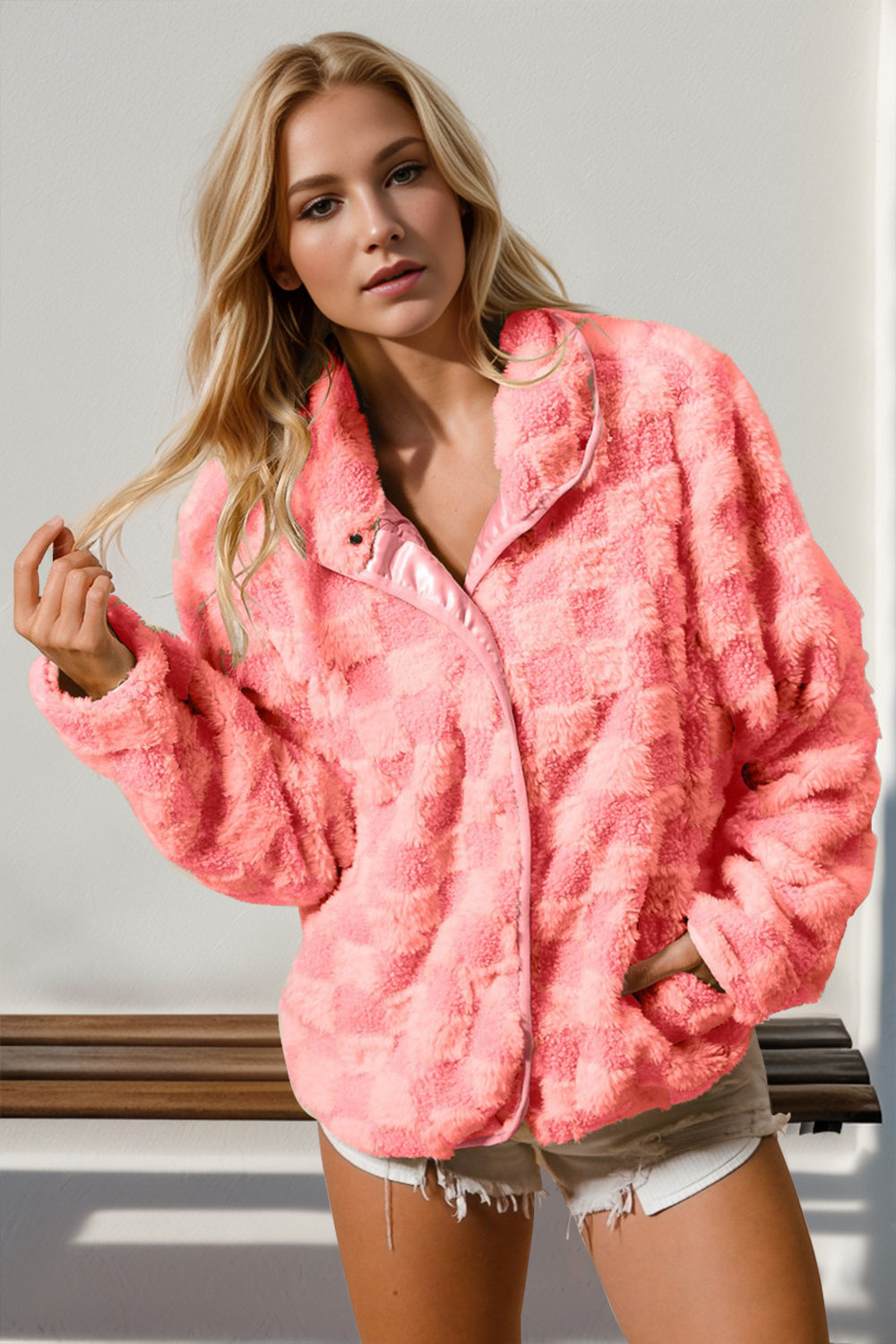 Preorder Double Take Checkered Long Sleeve Fuzzy Jacket Strawberry Trendsi