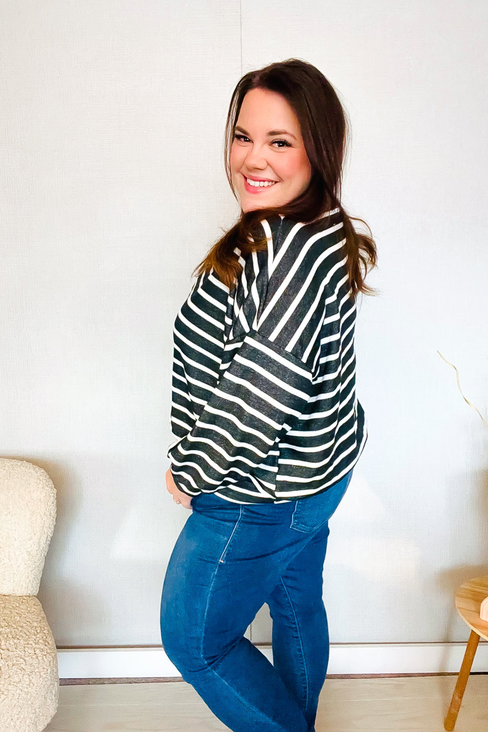 Hopley Charcoal Stripe Terry Banded Dolman Pullover Shirts & Tops