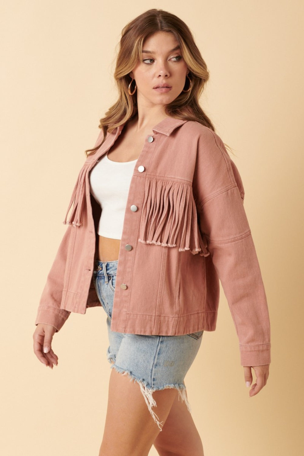 Mittoshop Fringe Detail Cotton Twill Jacket in Dusty Blush Trendsi