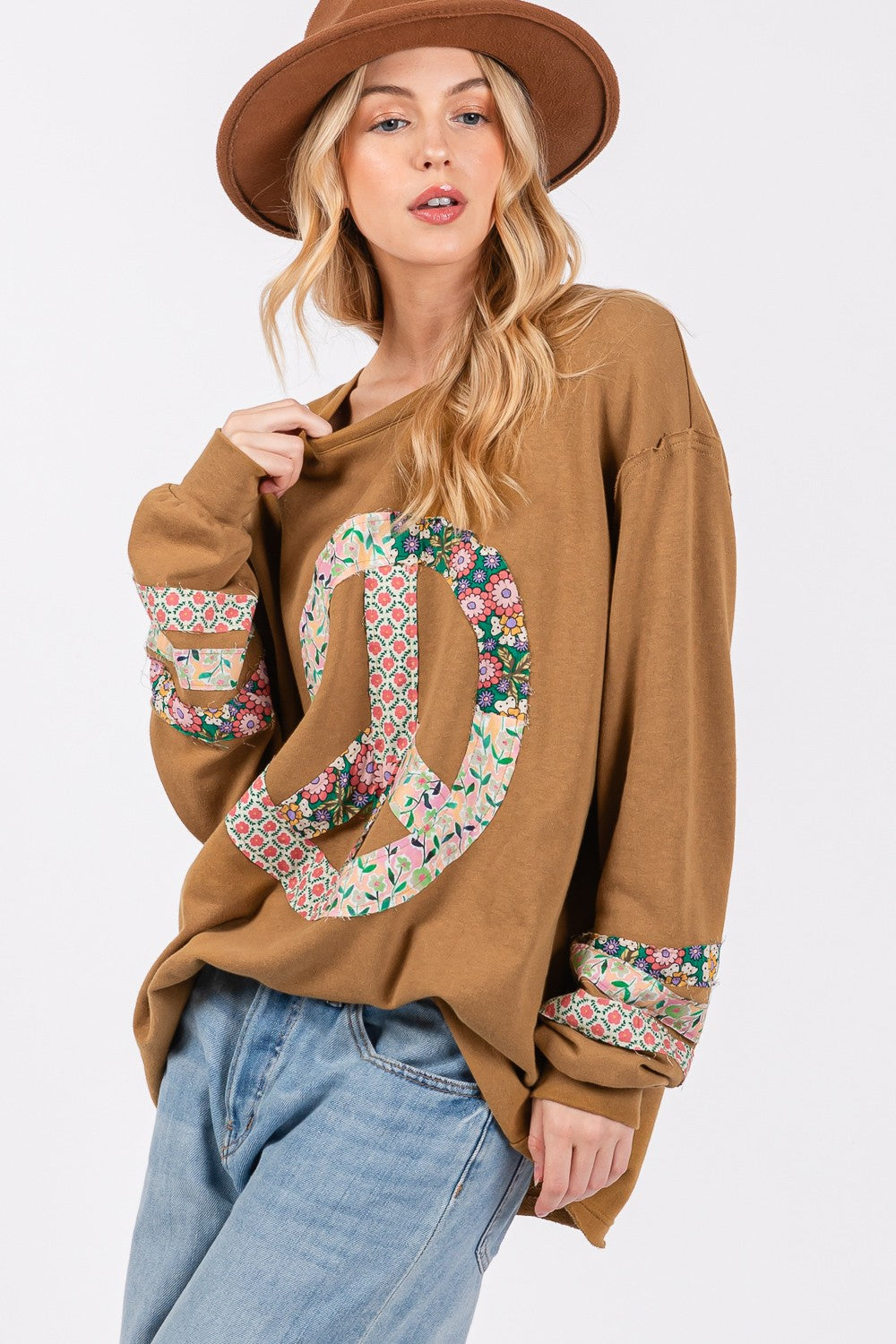 SAGE + FIG Peace Applique Patch Long Sleeve Top in Bronze Trendsi