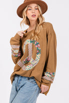 SAGE + FIG Peace Applique Patch Long Sleeve Top in Bronze Shirts & Tops