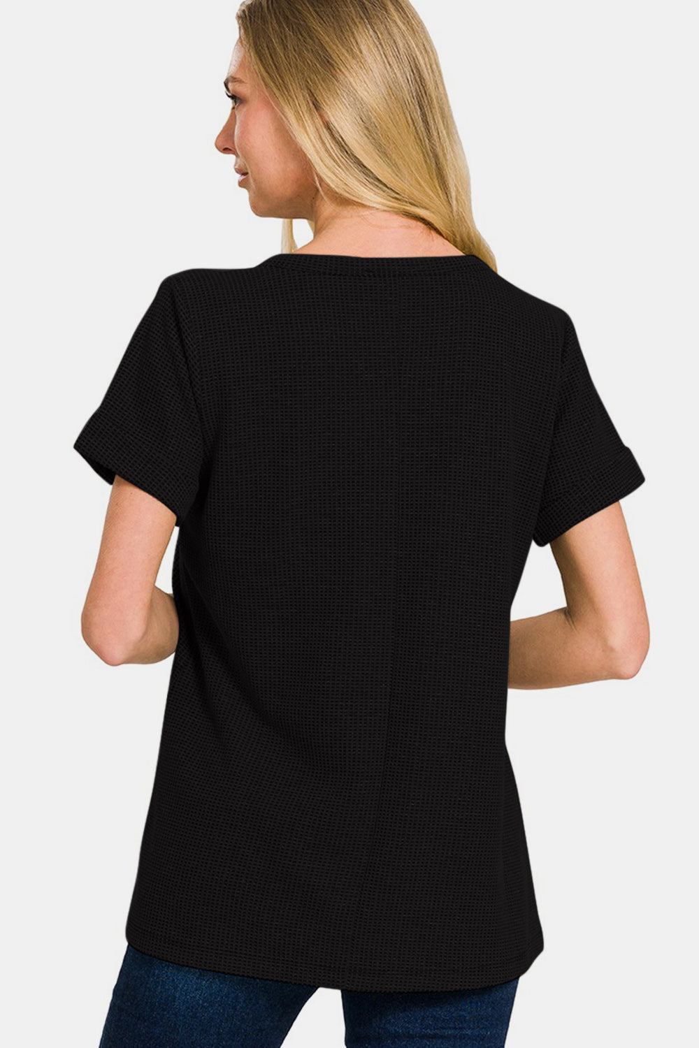 Zenana Black Notched Short Sleeve Waffle T-Shirt Trendsi
