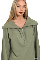 Zenana Light Olive Ribbed High Neck Half Zip Pullover & Pants Set