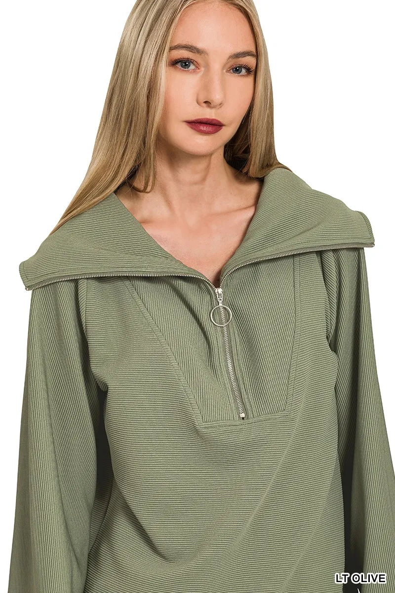 Zenana Light Olive Ribbed High Neck Half Zip Pullover & Pants Set