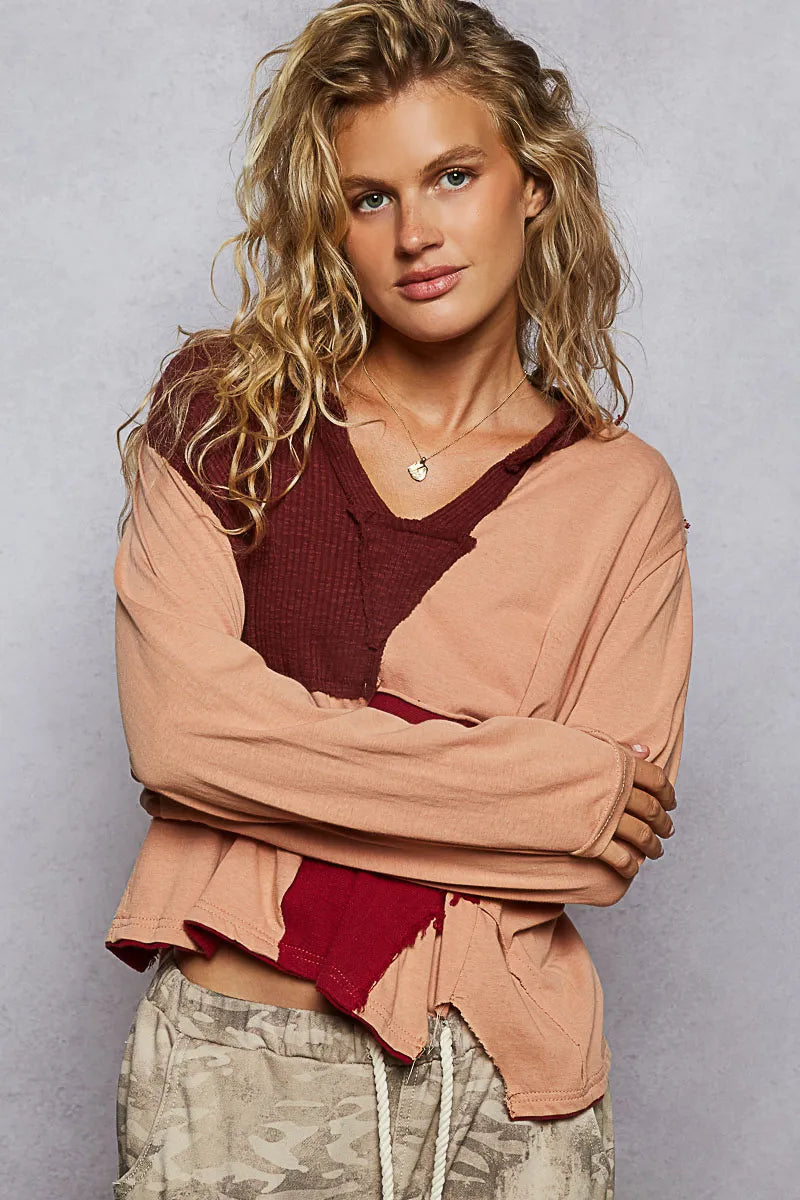 POL Burnt Coral Color Block Notched Long Sleeve T-Shirt