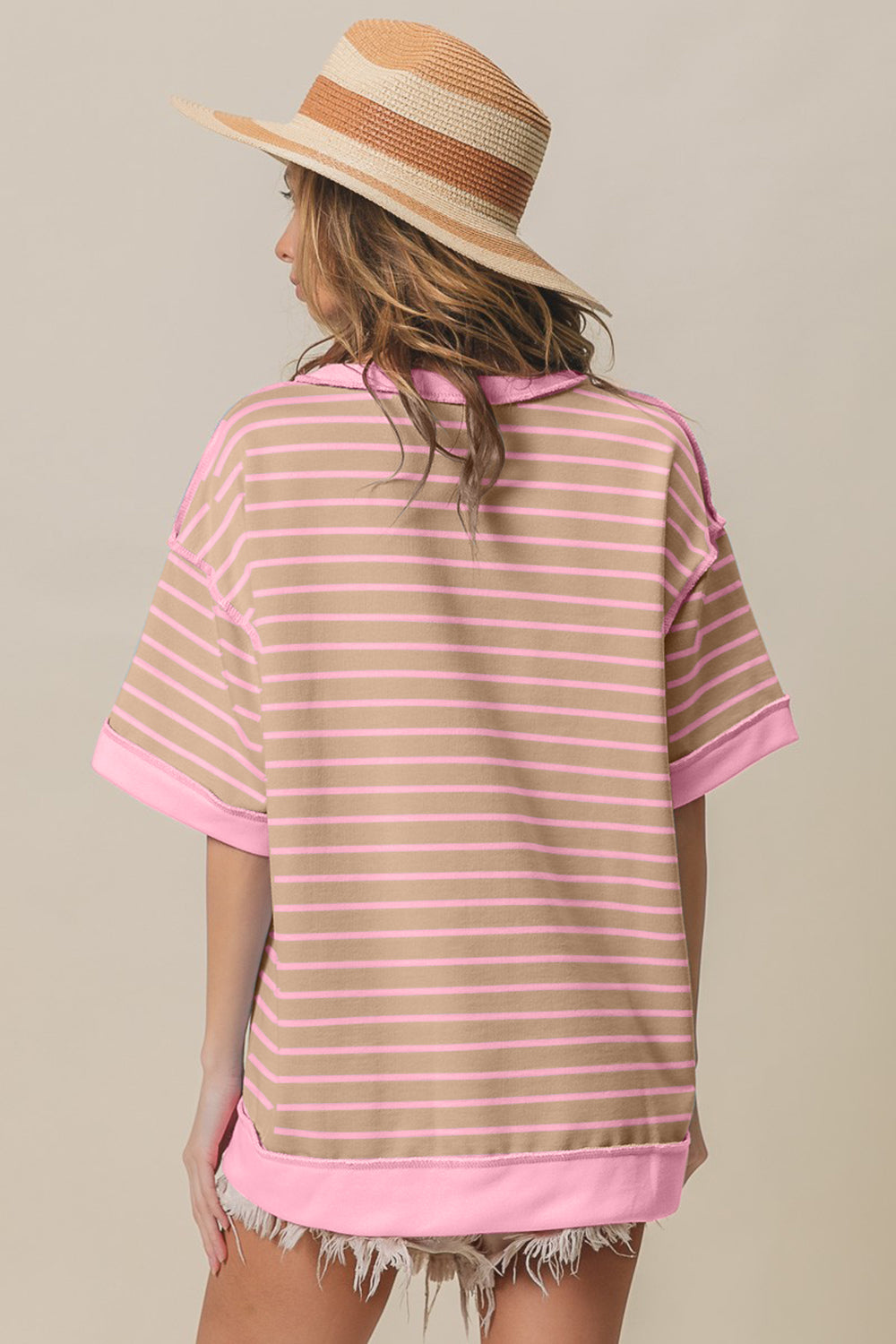 BiBi Taupe & Blush Exposed Seam Stripe Contrast T-Shirt Trendsi