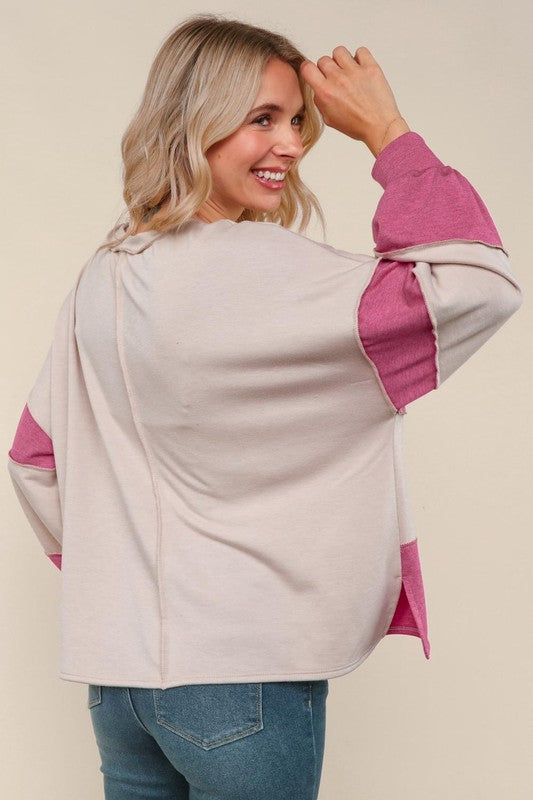 Haptics Latte & Magenta Color Block Loose Fit Knit Pullover
