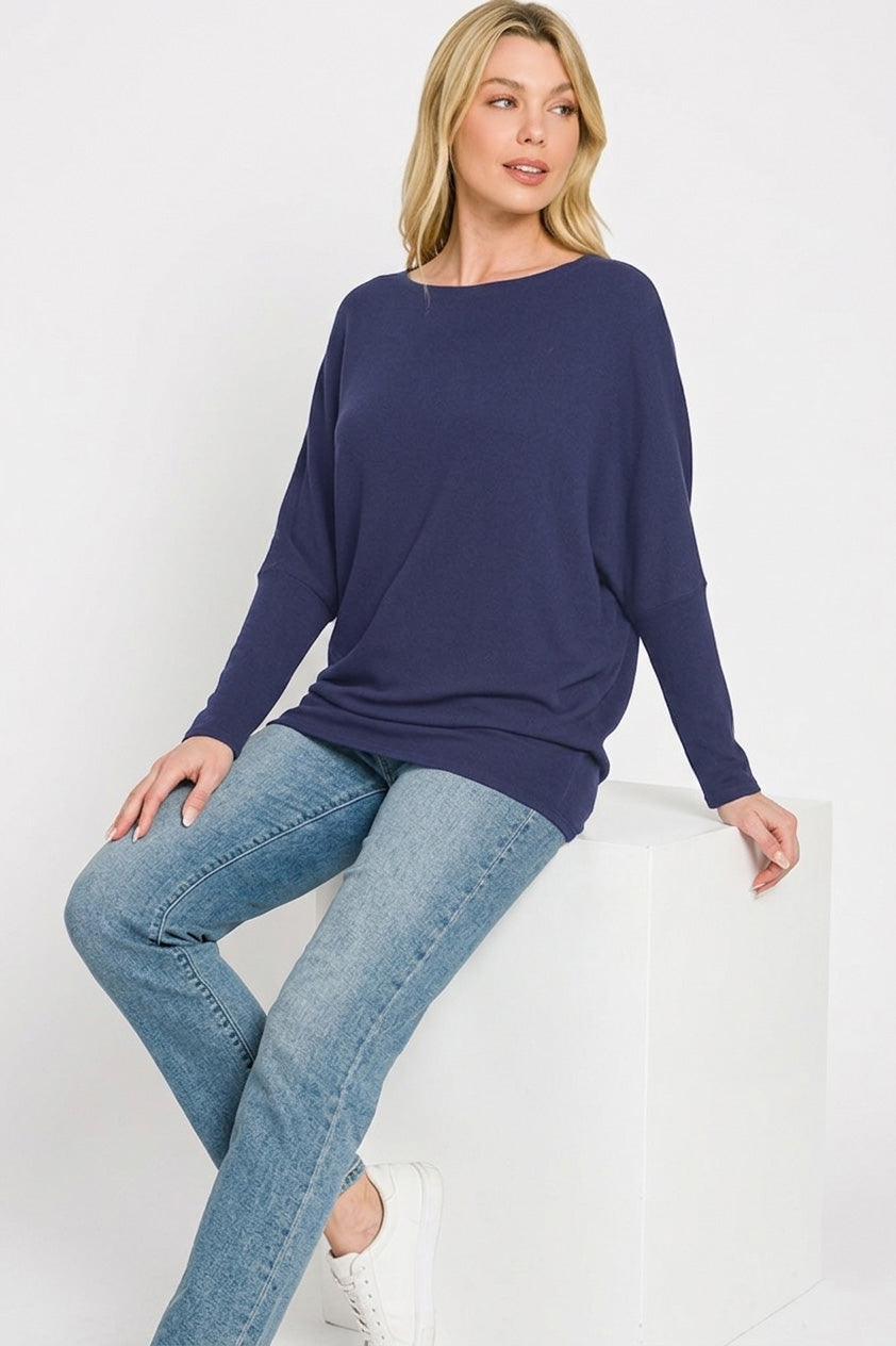 Zenana Dark Navy Hacci Dolman Sleeve Boat Neck Top