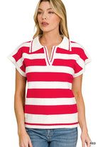 Zenana Red Striped Collared Short Sleeve Sweater RED