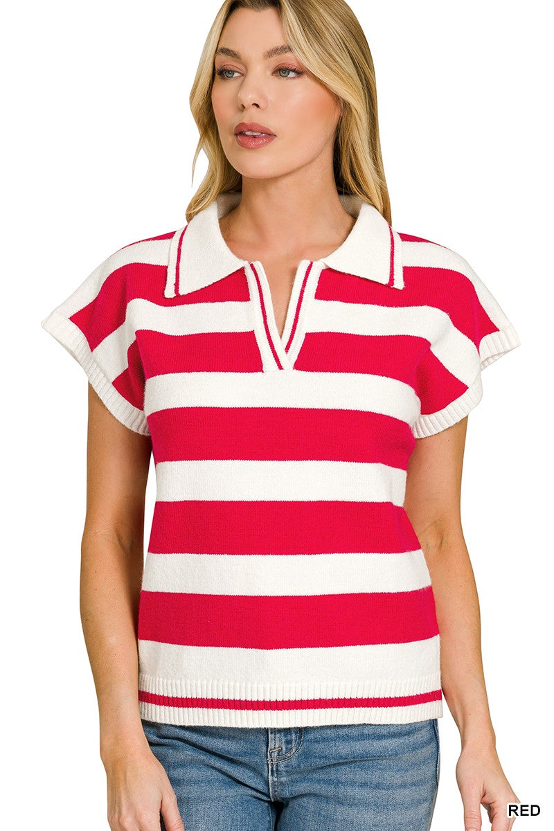 Zenana Red Striped Collared Short Sleeve Sweater RED