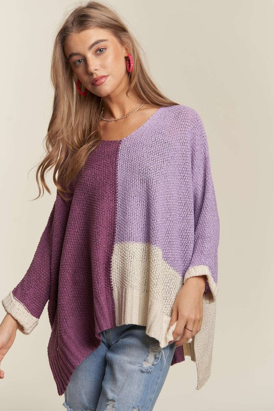 ADORA Deep Purple Side Slit Color Block Long Sleeve Sweater