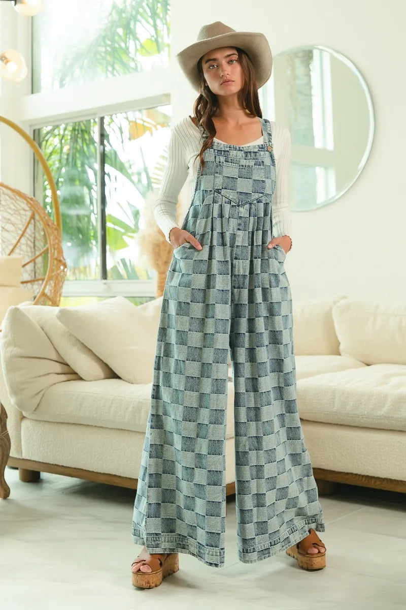 BiBi Denim Washed Vintage Checker Wide Legs Overalls