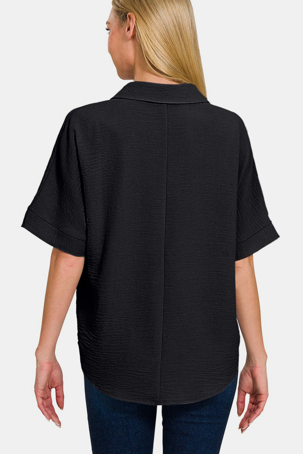 Zenana Black Airflow Textured Collared Neck Short Sleeve Top Trendsi