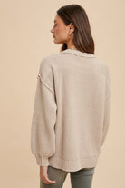 Annie Wear Oatmeal Half Button Ribbed Hem Sweater