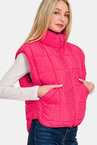 Zenana Hot Pink Zip Up Cropped Puffer Vest with Pockets Trendsi