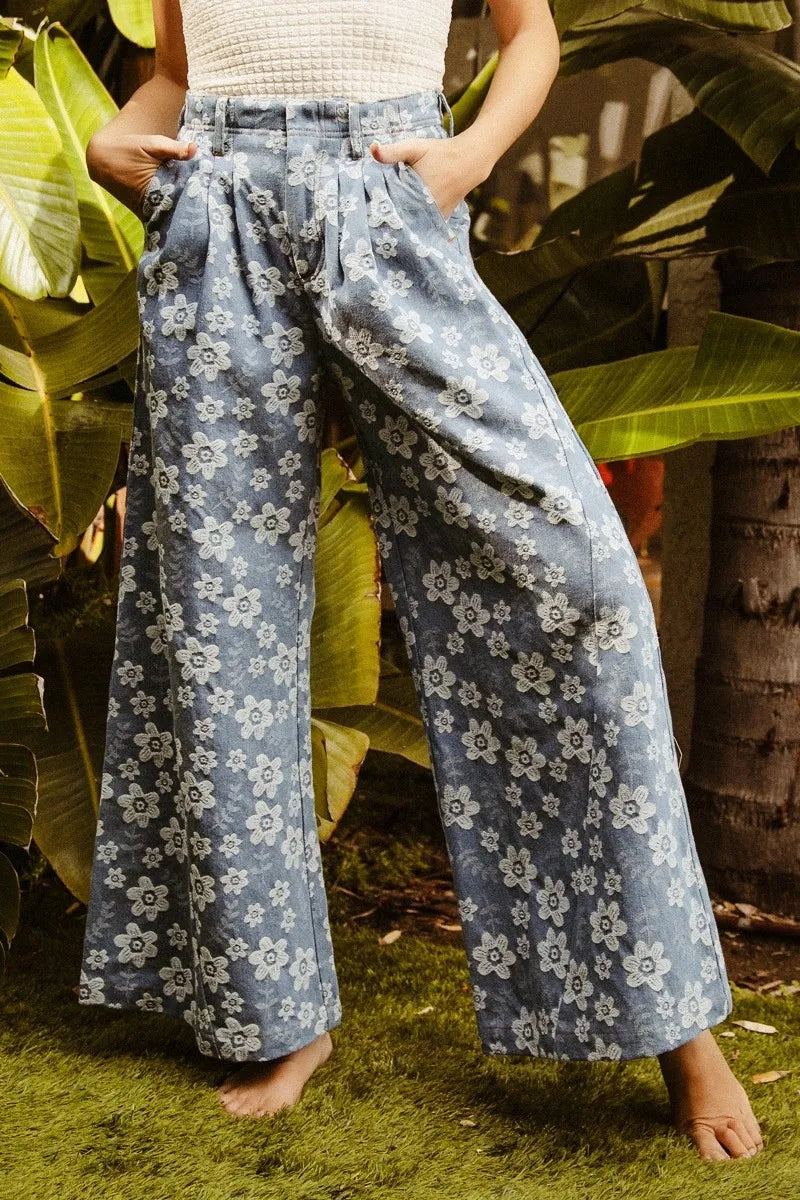 BiBi Denim Floral Textured Wide Leg Jeans