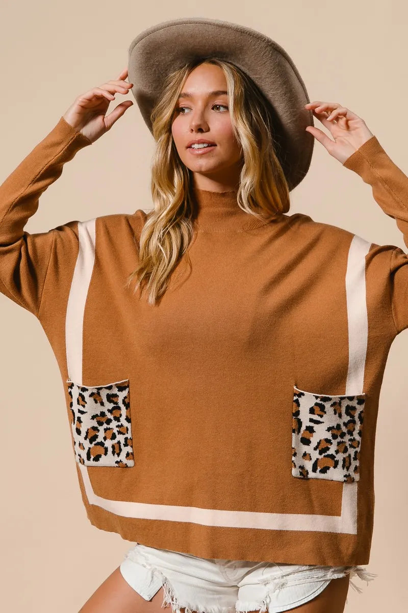BiBi Camel Mock Neck Sweater with Leopard Pocket