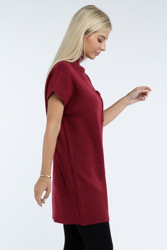 Zenana Mock Neck Short Sleeve Sweater Dress with Pocket in 6 Colors! ZENANA